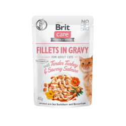 BRIT CARE CAT POUCH FILLETS IN GRAVY WITH TENDER TURKEY & SAVORY SALMON ENRICHED  WITH SEA BUCKTHORN AND NASTURTIUM 85G